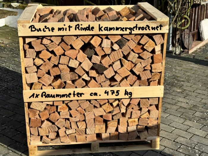 Buche kammergetrocknet mit Rinde (in Boxen gestapelt)